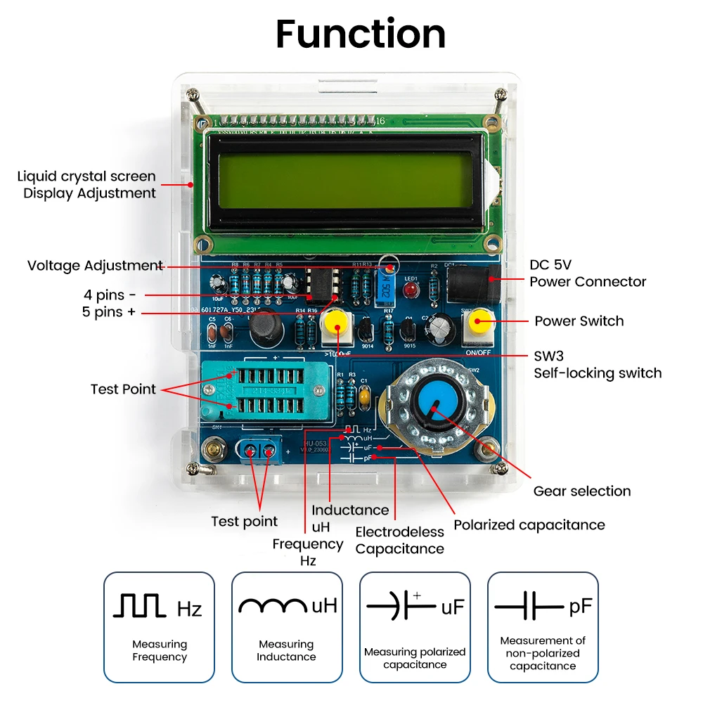 DC 5V wysoka precyzja indukcyjności i miernik pojemności DIY luźne części Tester próbnik elektroniczny z etui do lutowania praktyki