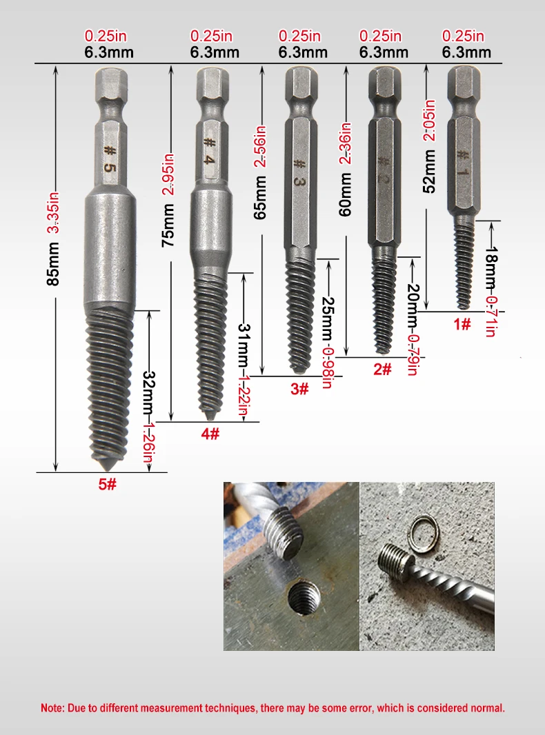 5PC Hexagonal Handle Broken Head Screw Extractor Power Tool Accessory Hexagonal Broken Thread Extractor Thread Set Image 8