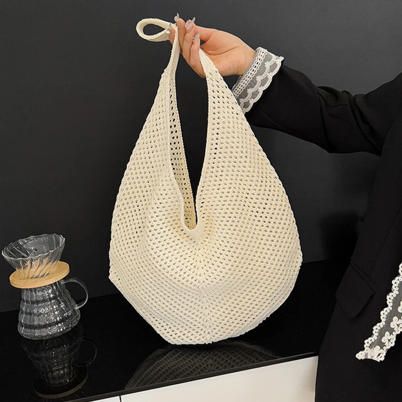 Women Hollow Summer Bag Solid Color Aesthetic Hobo Bag Large Capacity Knitted Tote Handbag Ladies Daily Handbag