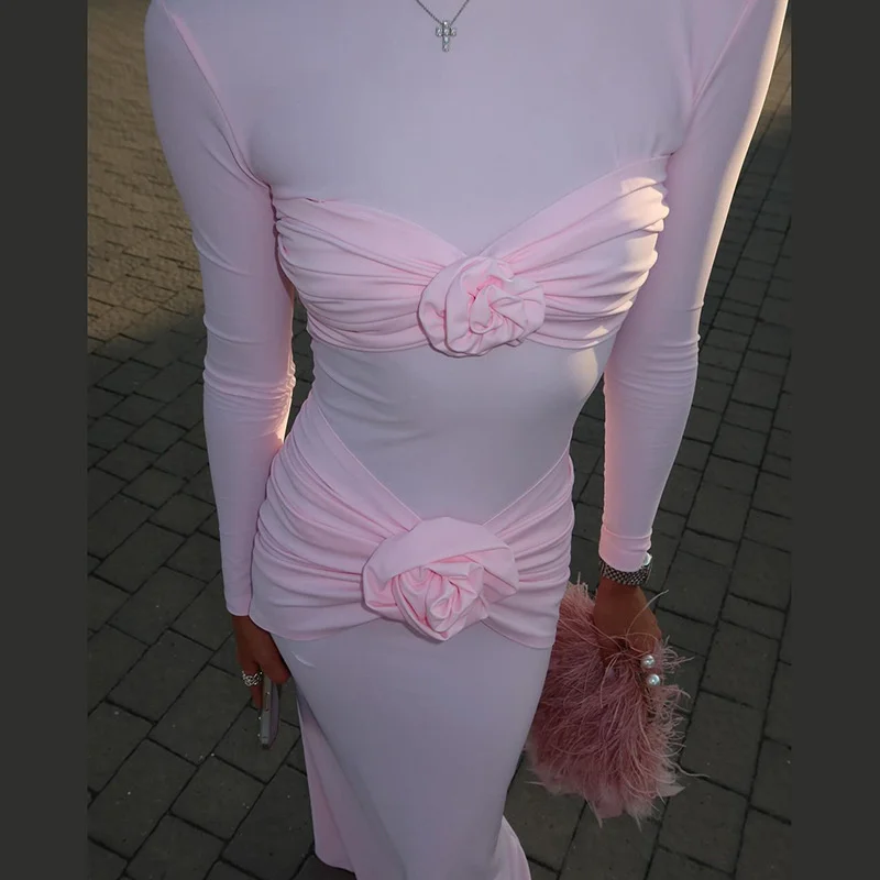 Dress Women Autumn Bodycon Long Sleeved 3D Flower High Waist Slim Evening Party Club Dresses