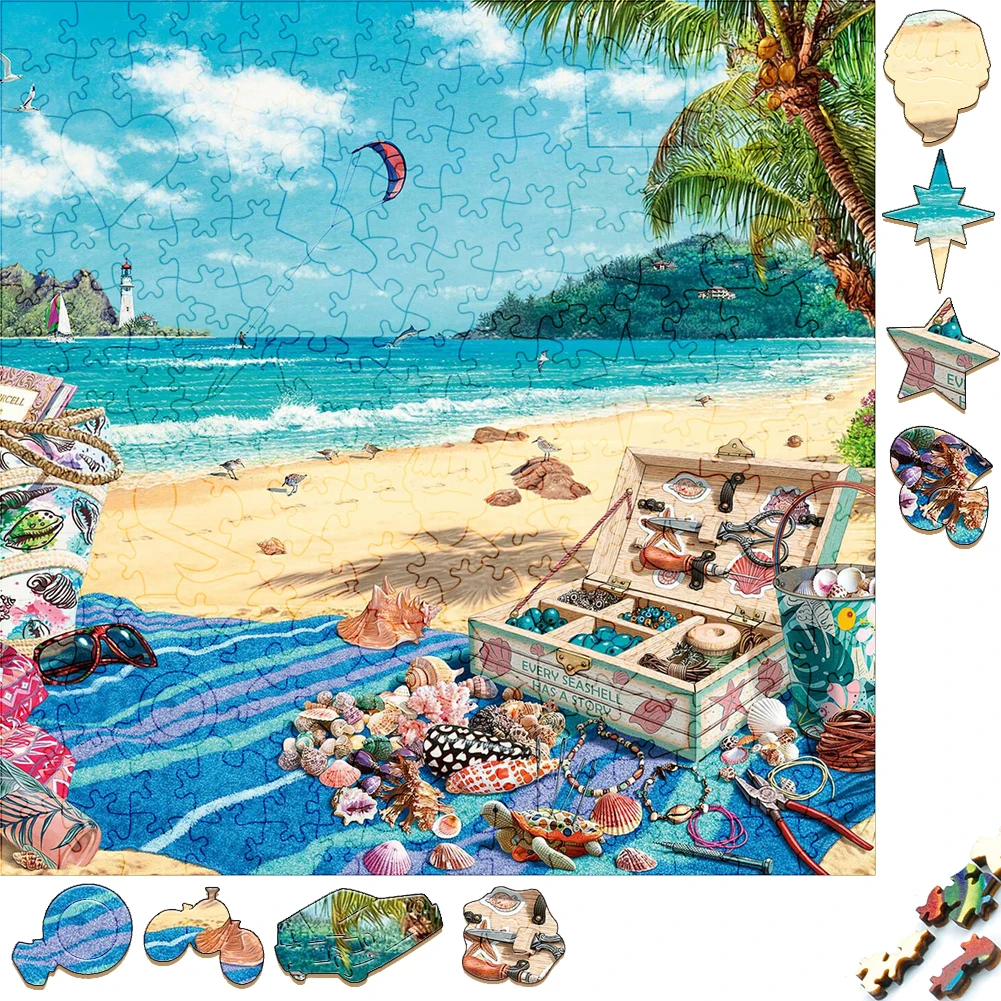 Beautiful Wooden Puzzles Sea Shell Vacation Wood Jigsaw Puzzle Craft Irregular Family Interactive Puzzle Gift for Kids Game Toy unique wooden puzzles moonlight train snow mountain wood jigsaw puzzle craft irregular family interactive puzzle gift for friend