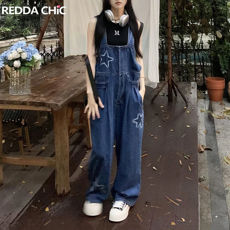 

REDDACHiC Star Y2k Girl Denim Overalls Vintage Wash Patchwork Graphic Bib Pants Wide Leg Jumpsuit Casual Loose Bib Pants Rompers