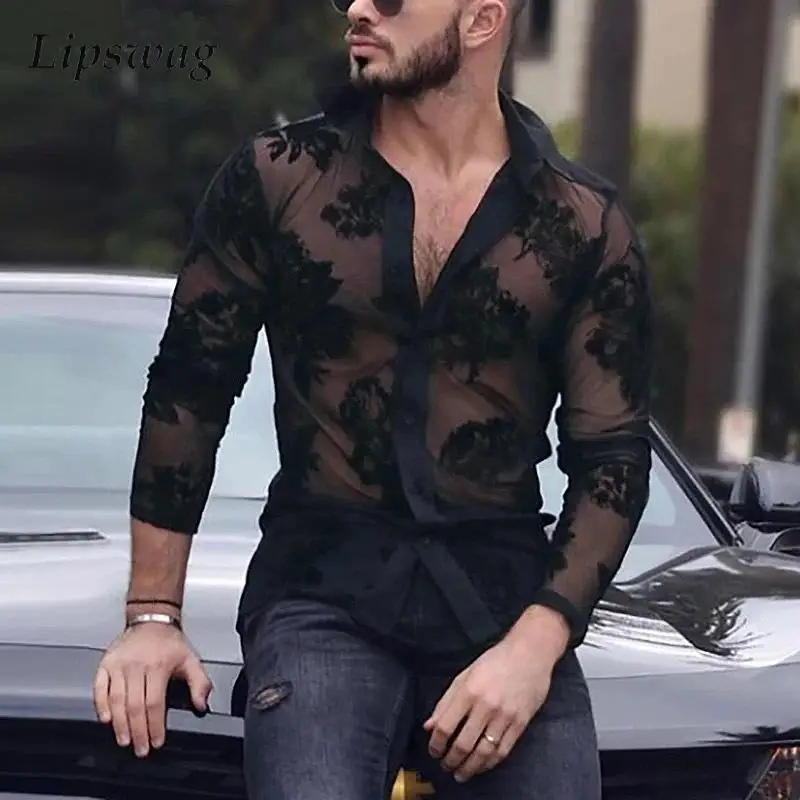 Men Short Sleeve T Shirt Fall Mens Vintage Turn-down Collar Florals Embroidery Tops Casual Buttoned Mesh Shirt