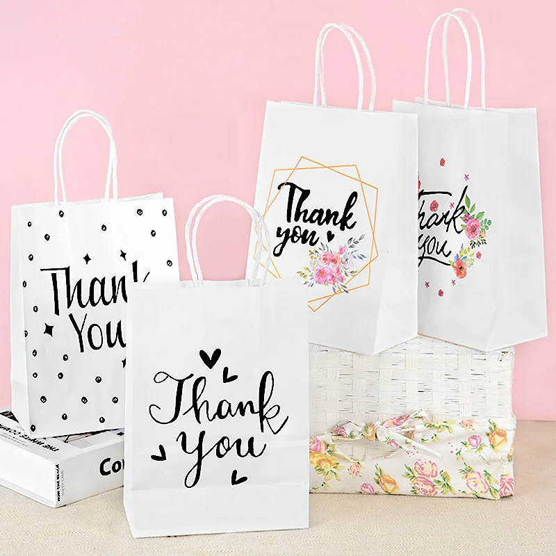 

10pcs Thank You Gift Bags White Thank You Paper Bag with Handles Wedding Birthday Party Business Shopping Packaging Supplies