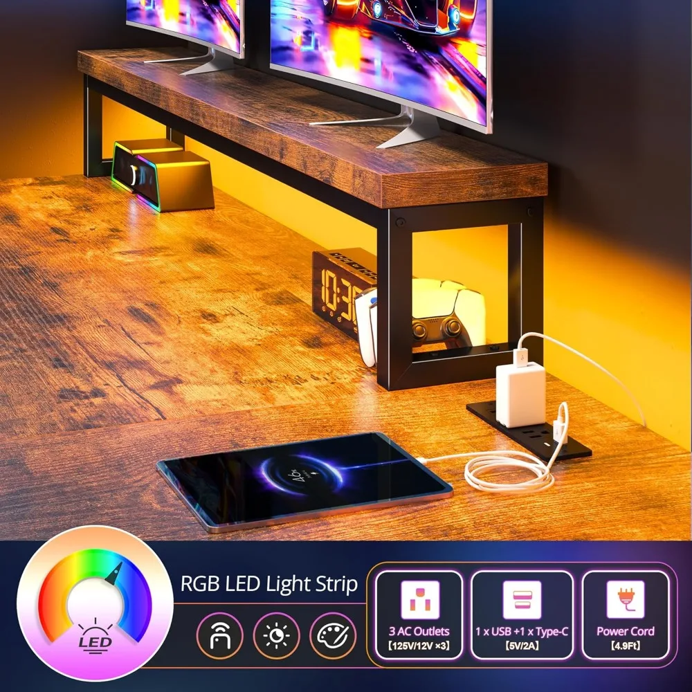 Gaming Desk with Drawers L Shaped 40Inch Computer Desk with LED & Power Outlet Reversible Corner Desks 3