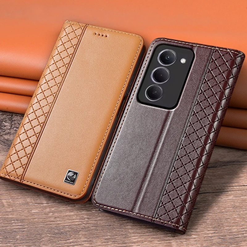 Luxury Genuine Leather Flip Case with Magnetic Closure and Card Pocket Wallet - Grid Pattern Cover