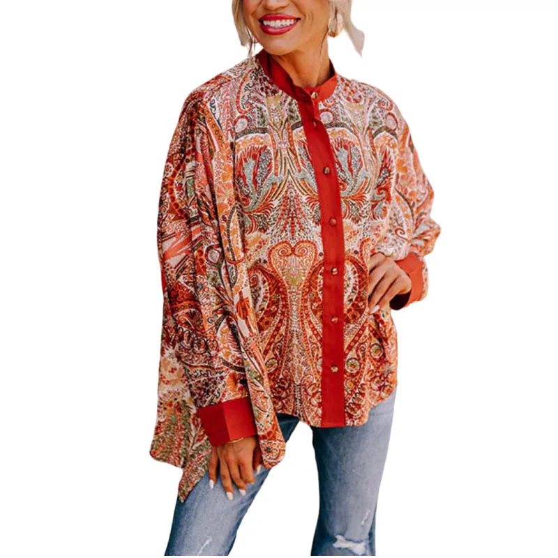

2023 New Autumn and Winter Fashion Retro Printed Round Neck Cardigan Bat Sleeve Temperament Commuting Women's Chic Shirt