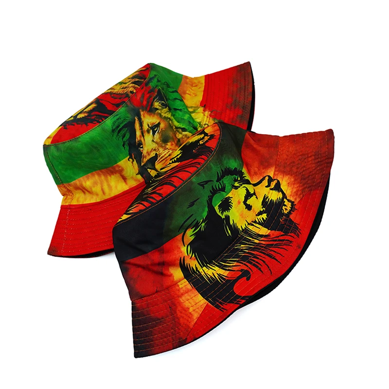 Top Rasta Style Bucket Hat Lion Cartoon Printing Pattern Fisherman Hats Double Sides Panama Cap For Men Women Outdoor Sun Caps 3