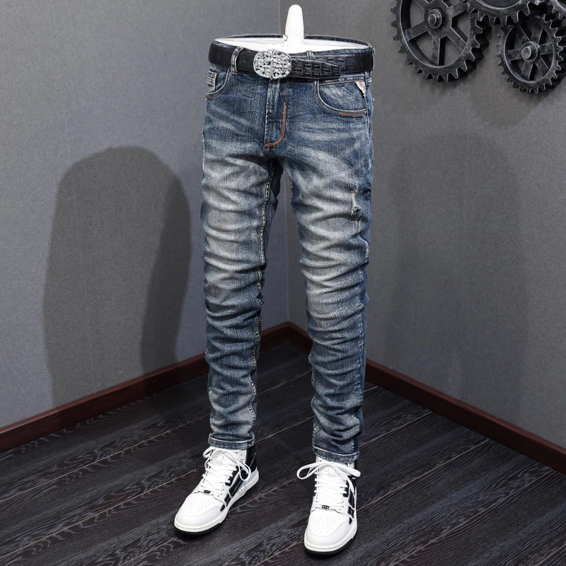 Fashion Designer Men Jeans High Quality Retro Blue Elastic Slim Fit Ripped Jeans Men Vintage Trousers Casual Denim Pants Hombre