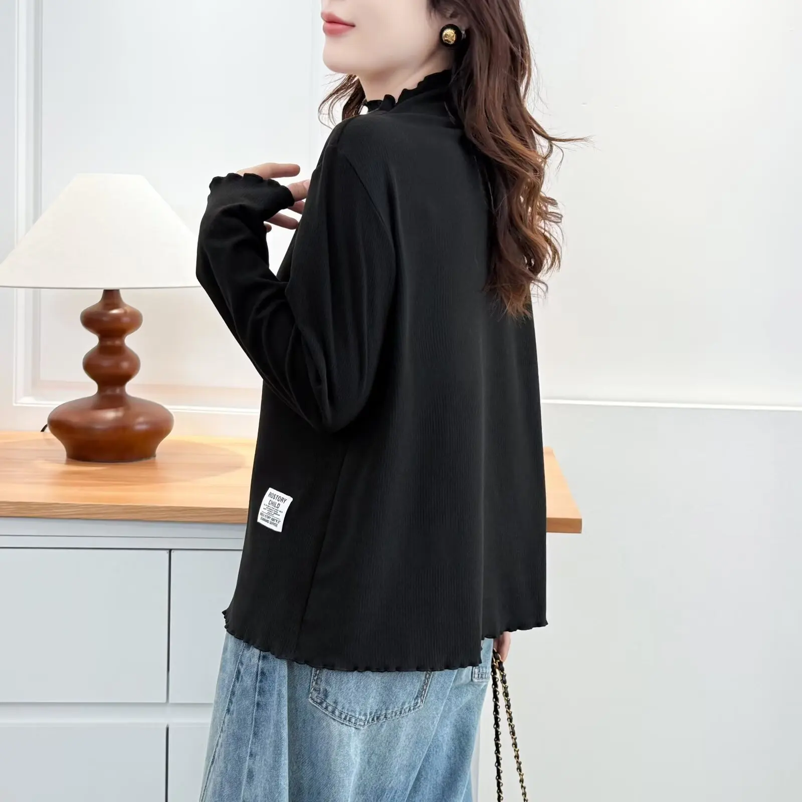 XXXXL Fashion Plus Size Woman Clothing T-Shirt New Autumn And Winter Simple Basic Style Ruffled Neck Warm Tops 191