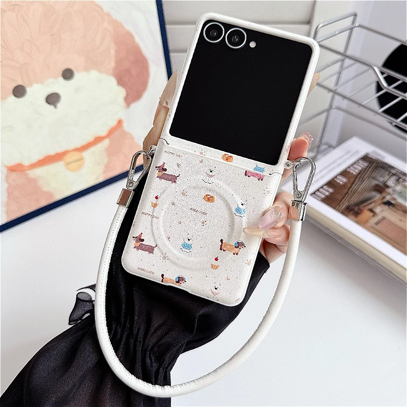 INS Dachshund Leather Case - Fashion Magnetic Wireless Charging Cover with Lanyard