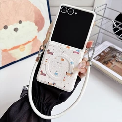 INS Dachshund Leather Case - Fashion Magnetic Wireless Charging Cover with Lanyard - Galaxy Z Flip5 (White)