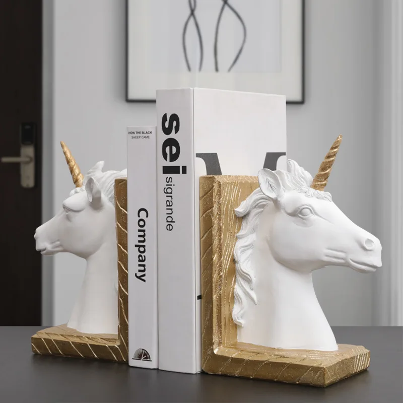 

2pcs Nordic Unicorn Booknook Abstract Art Animal Figurines Bookend Resin Book Nook Bookshelf Ornament Office Home Interior Decor
