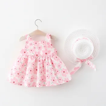 2pcs Bow Baby Girls Dress Summer Flower Fashion Sling Dresses Girl Kid's Dress Baby Clothes New Born Kids Clothes Send Hat 4