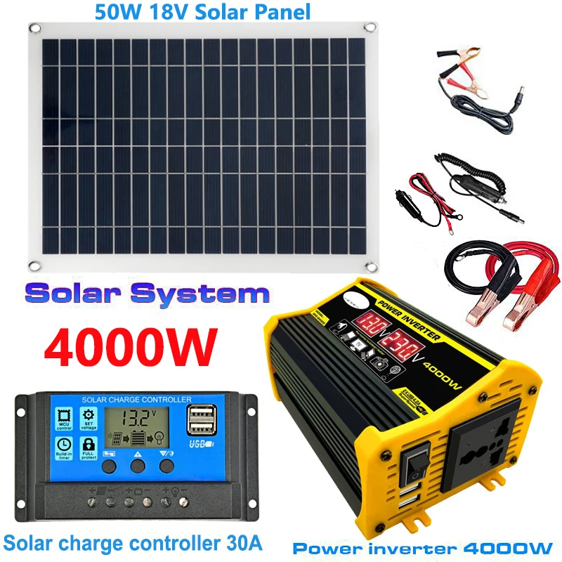 

Система солнечных панелей 12 В до 110 В/220 В, солнечная панель 50 Вт + контроллер заряда 30 А + модифицированный синусоидальный инвертор 6000 Вт, комплект для поколения энергии