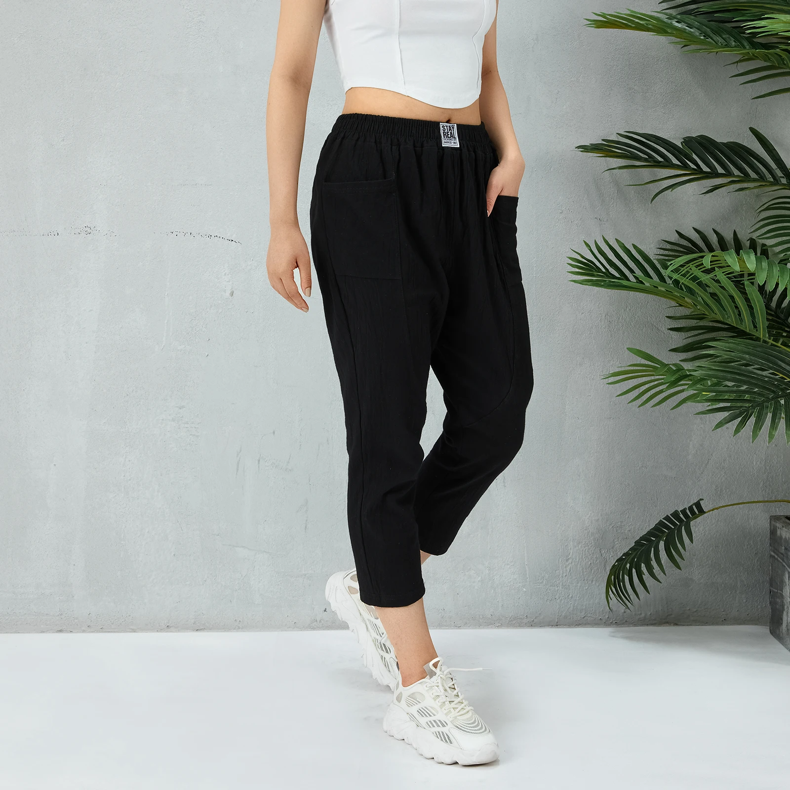 

Женские свободные повседневные брюки с эластичным поясом, однотонные минималистичные Брюки с карманами для повседневного ношения, универсальная уличная одежда