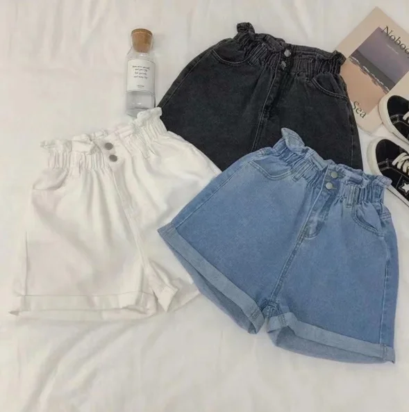 2023 Summer Women Denim Shorts Women Ruffled White Blue High Waisted Shorts Female Elastic Short Jeans