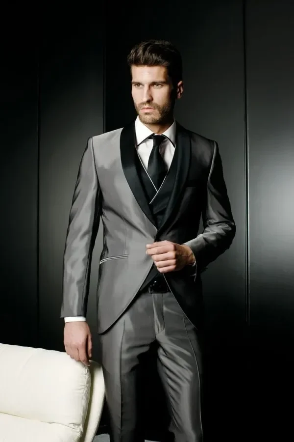 High Quality Italian Style Grey Satin Men Suit Smart Business Formal Wedding Suits for Men Custom Slim Fit 3 Piece Prom Tuxedo