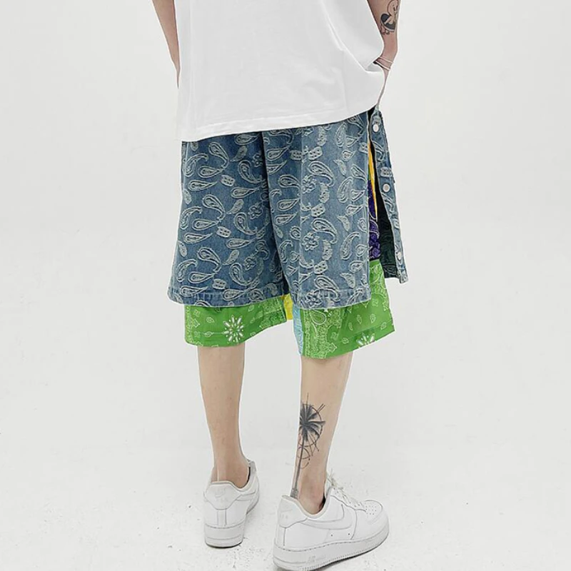 Hip Hop Loose Shorts Elastic Waist Pants Fashion Patchwork Half Pant Mens Summer Casual Drewstring Streetwear Sportswear Jogger