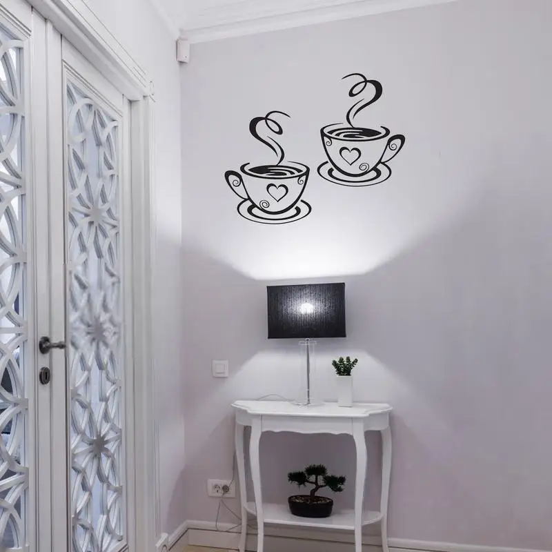 Dual Coffee Cup Wall Stickers Removable Diy Mug Decal Wallpaper Coffee Bar Wall Decor Removable Signs For Kitchen Station Cafe