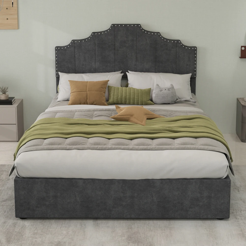 Modernes, minimalistisches, weiches Bett, multifunktionaler Low-Box-Bettrahmen mit weichem und bequemem Kopfteil, keine Gasstange, keine Matratze – Detail 8