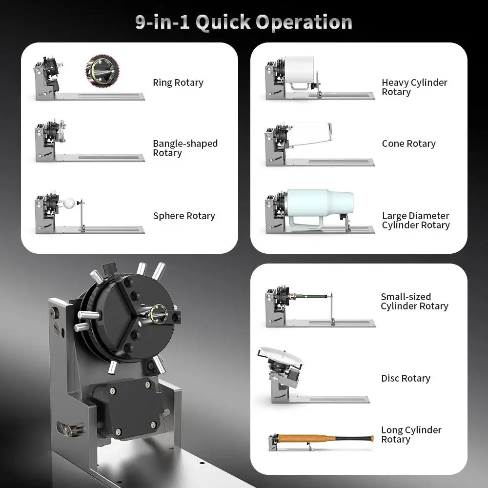 9-in-1 Rotationsroller A-Achsen-Schnellspannvorrichtung R6 Drehvorrichtung für NEJE Lasergravur-Aufsatz für Ringe, sphärische Objekte, Tassen – Detail 8