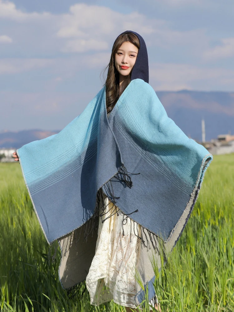 Poncho Woman Vintage Tassel Shawl Autumn and Winter Split Thermal Cape Hooded Outdoor Couple Cape Pashimina Scarves