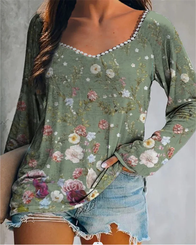 

Fashion Lace Patchwork Casual Tee Tops 2023 New Floral T-shirt Women Summer Female V-neck Long Sleeve Loose Tunic Shirts Blusas