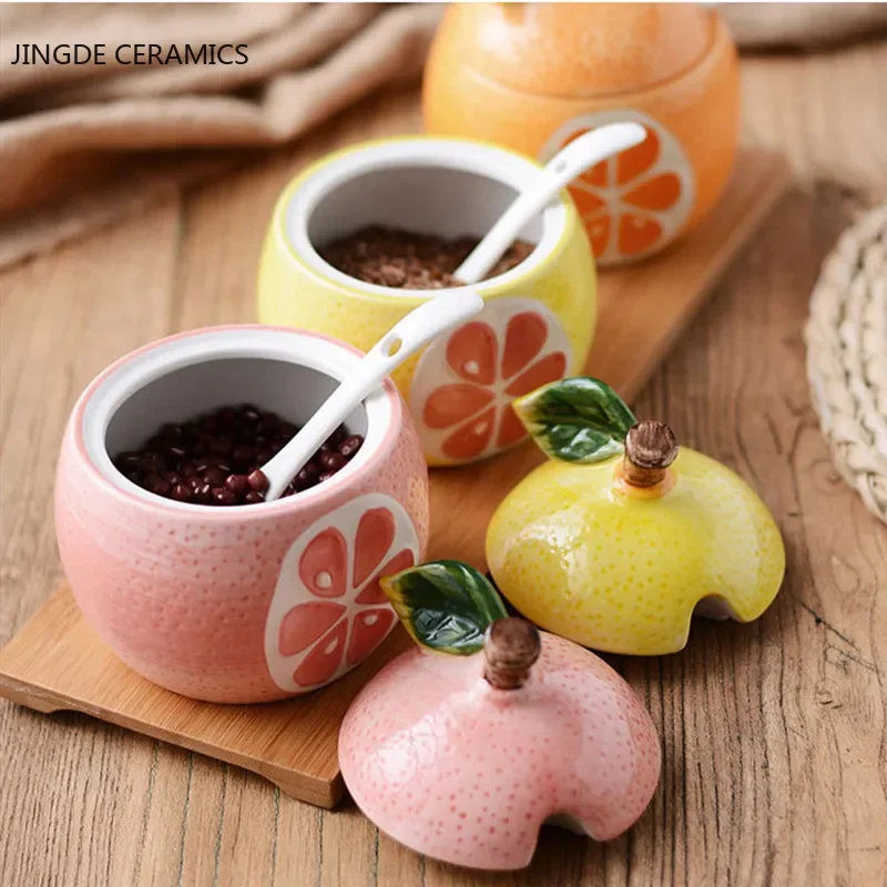 Spice Container Sugar Bowl Ceramic Condiment Pot Creative Ceramic Seasoning Jar Bottle Kitchen Decoration Racks Fruit Melon Shape Spices Storage Tank Sugar Bowl with Lid &Spoon