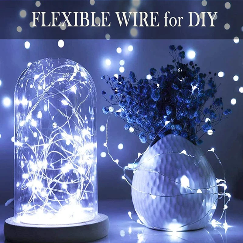 20-Pack Silver Copper Wire Fairy String Lights - Battery-Powered Decorative Lighting for Weddings, Parties, and Christmas