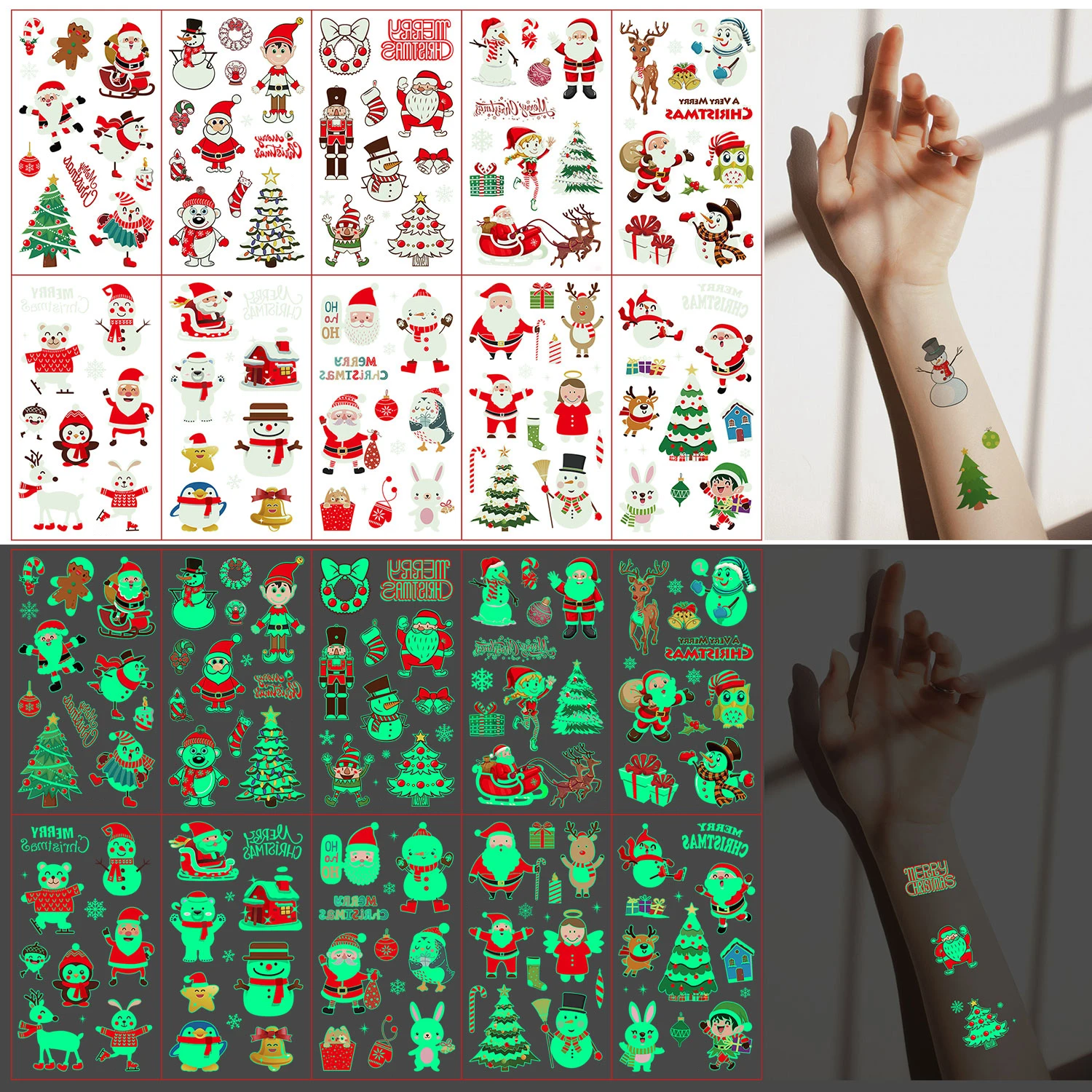 10 Sheets Christmas Luminous Tattoo Stickers,Cartoon Snowman Christmas Patterns,Glow In The Dark Waterproof Temporary Tattoos 2