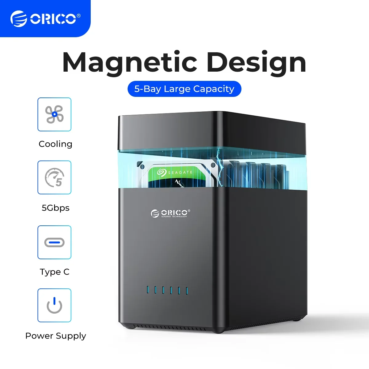 ORICO DS Series 5 Bay 3.5 inch USB Hard Drive Enclosure Magnetic-type SATA to USB3.0/Type-C HDD Case for Altcoins Mining