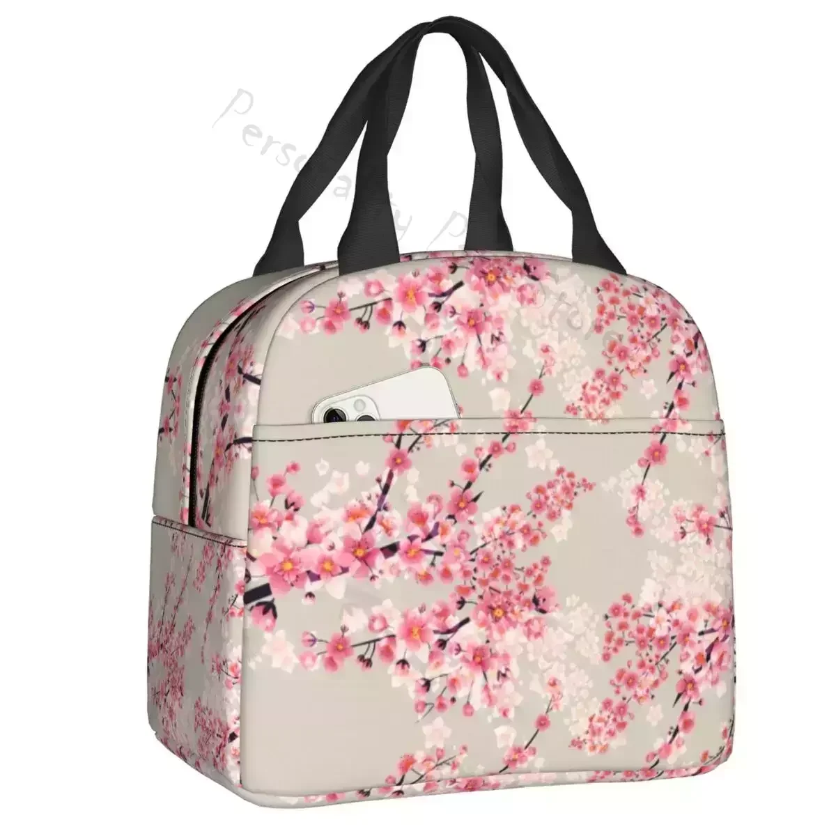 

2024 New Elegant Floral Pink Cherry Blossom Insulated Lunch Tote Bag Sakura Flowers Thermal Cooler Bento Box Outdoor Camping