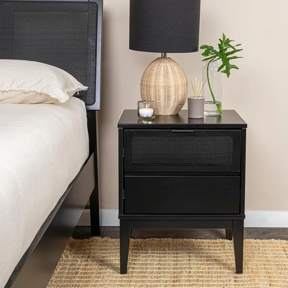 

Creative Co-Op Crawford 2 Storage Drawers and Black Woven Cane Detail, Stain Finish Nightstand