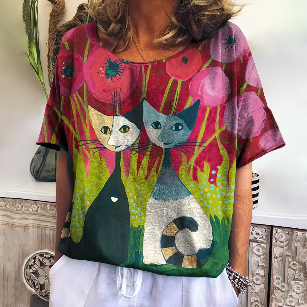 

New Women's T-Shirt Summer 3d Funny Cat Prin Tops Daily Vintage Female Apparel Fashion Women Oversized T-Shirts Lady Clothing