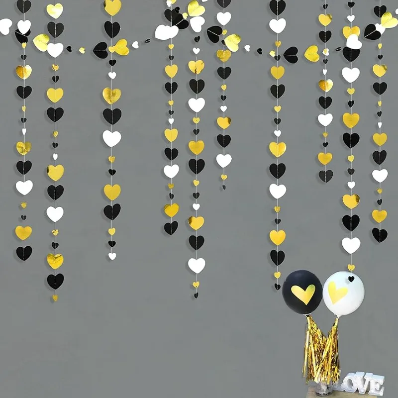 52Ft Black Gold White Love Heart Ghirlanda Hanging Paper Streamer Banner Per Anniversario Decorazioni Per Feste Di San Valentino Forniture