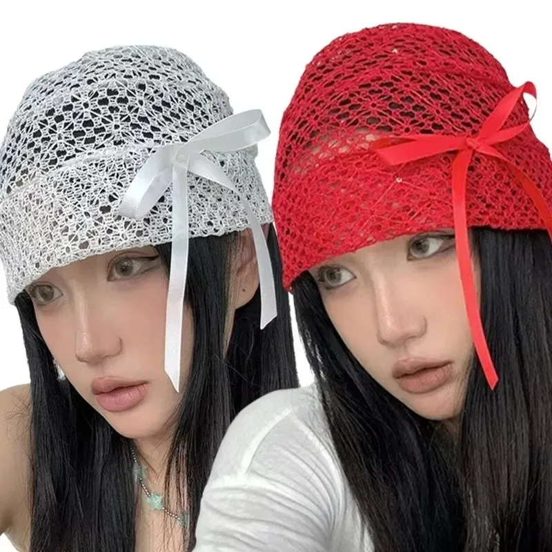 Niche Literary Hollow Bowknot Cold Cap Women Knitted Hats Girls Lace Y2K  Skull Cap Versatile Elastic Crocheted Beanie Hats 2