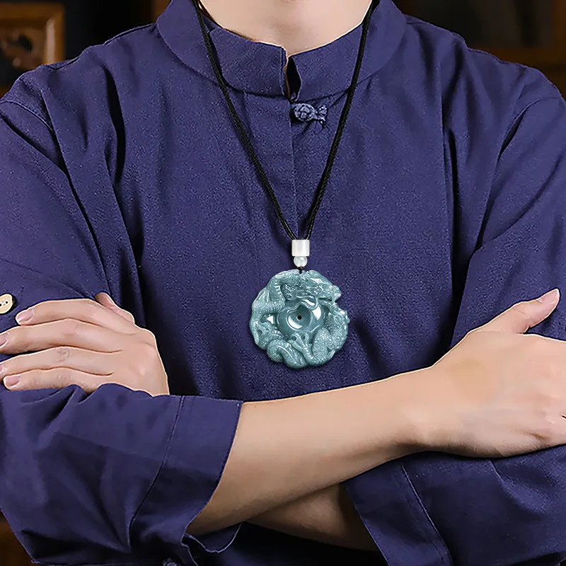 Jia le/ Hand-carved/ Natural Jade Blue Water Ping An Dragon King Necklace Pendant Fashion Accessories Men's Women's Amulet Gifts