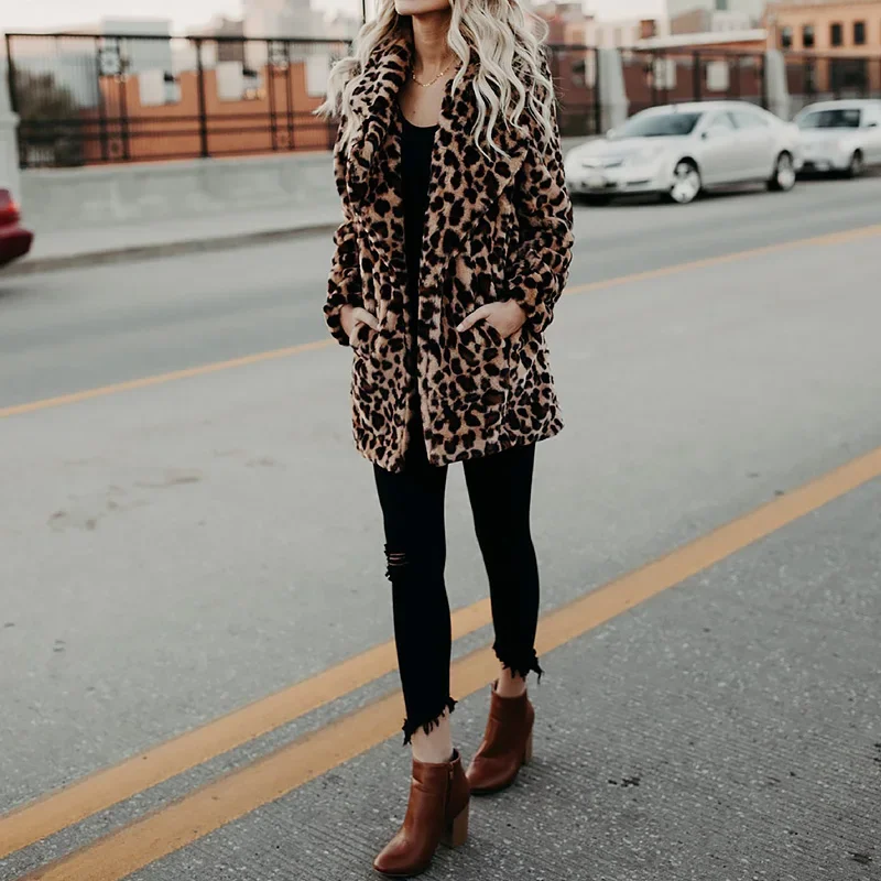 2023 Faux Fur Coat Women New Winter Fashion Leopard Print Outerwear Warm Long Sleeve Artificial Fur Jacket Plush Clothing S-5XL