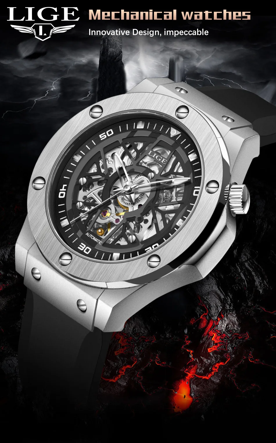 Hollow Out Design Automatic Watch For Men Luxury Stainless Steel Rubber Strap Mechanical Watch 30M Waterproof Reloj Hombre_voghion.com