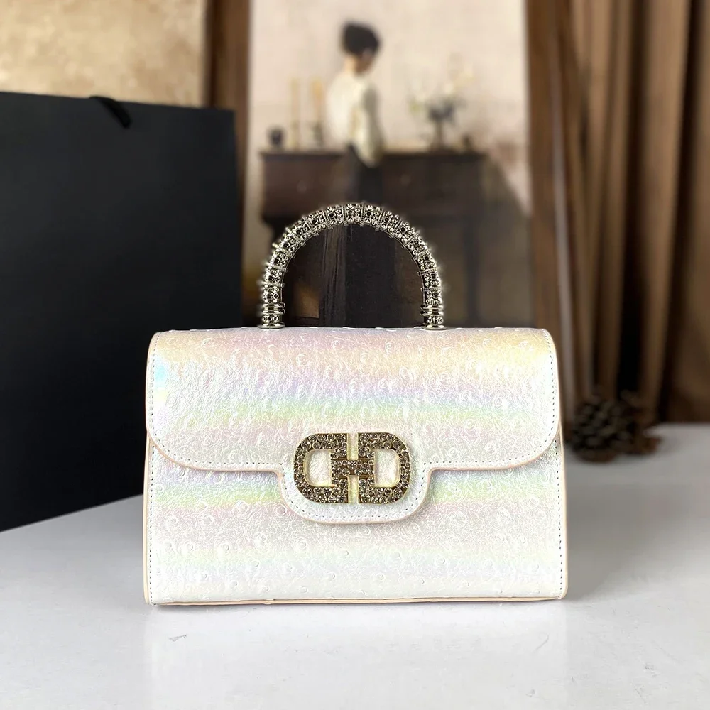 حقيبة يد نسائية متقدمة بنمط النعامة مرصعة بالألماس...