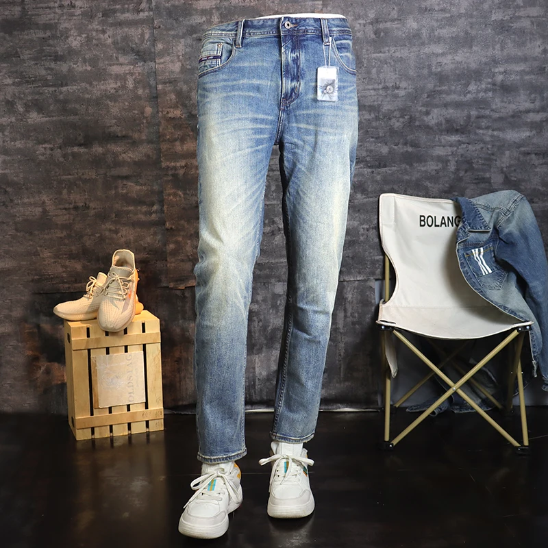 

Модные Дизайнерские мужские джинсы, высококачественные Эластичные зауженные джинсы в стиле ретро, мужские классические брюки, простая повседневная дизайнерская джинсовая сковорода