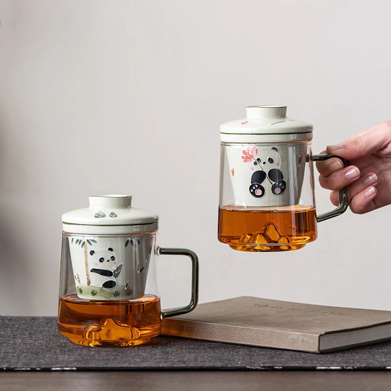 Creative Ceramic Hand Drawn Grass Gray Panda Pattern Cup Home Office Items Porcelain Filtered Tea Water Separation Glass Mug 1Pc