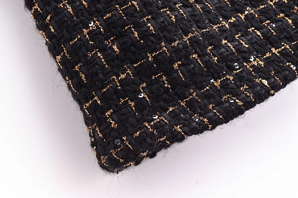 French Retro Women Black Weave Gold Line Tweed Blazer High Waist Center Buttons Back Zipper Mini Skirt Set Suits 2 pieces 1 set