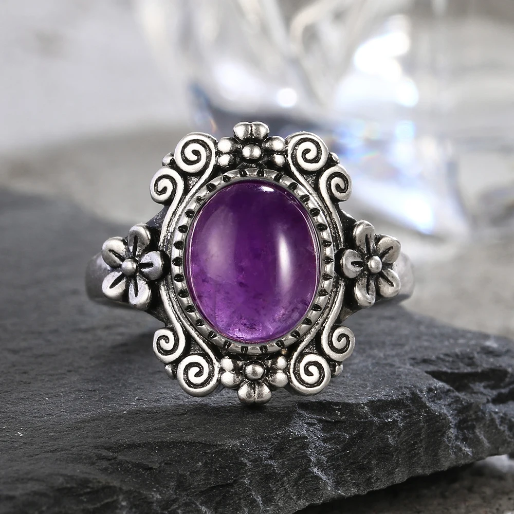 Silver Ring 925 Sterling Natural Amethyst Vintage Flower Shaped Retro Fine Jewelry Party Gifts For Women Men