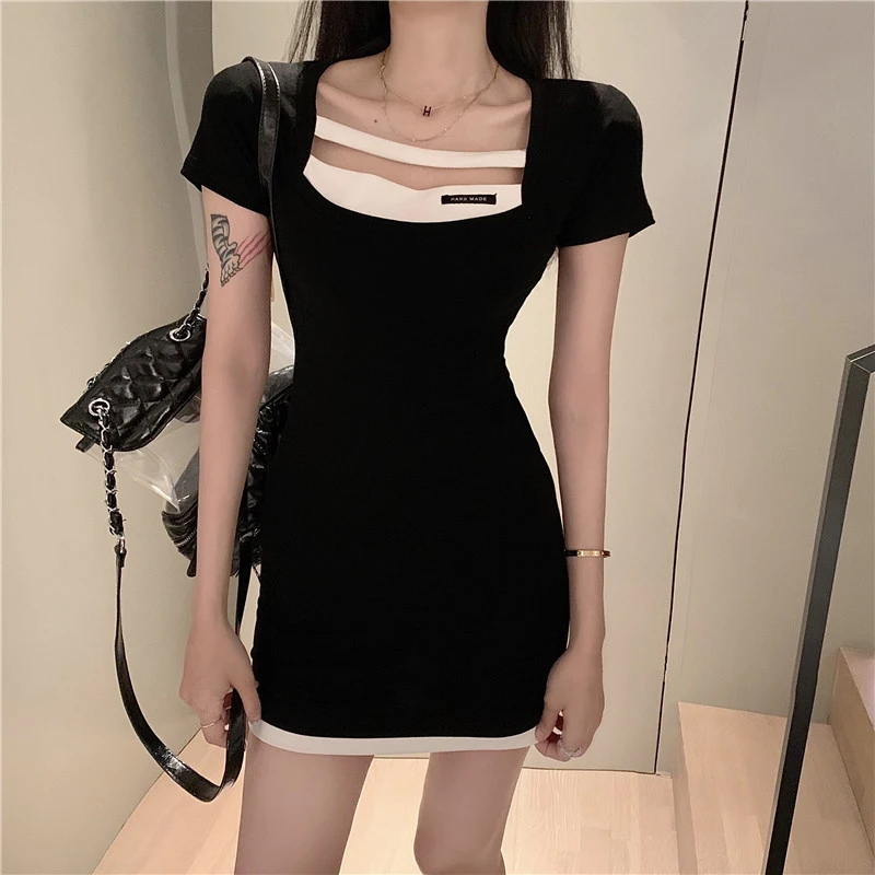 

Повседневные платья Y2K с квадратным вырезом, корейское трикотажное платье с коротким рукавом, летнее Новое Женское привлекательное облегающее платье с запахом на бедрах