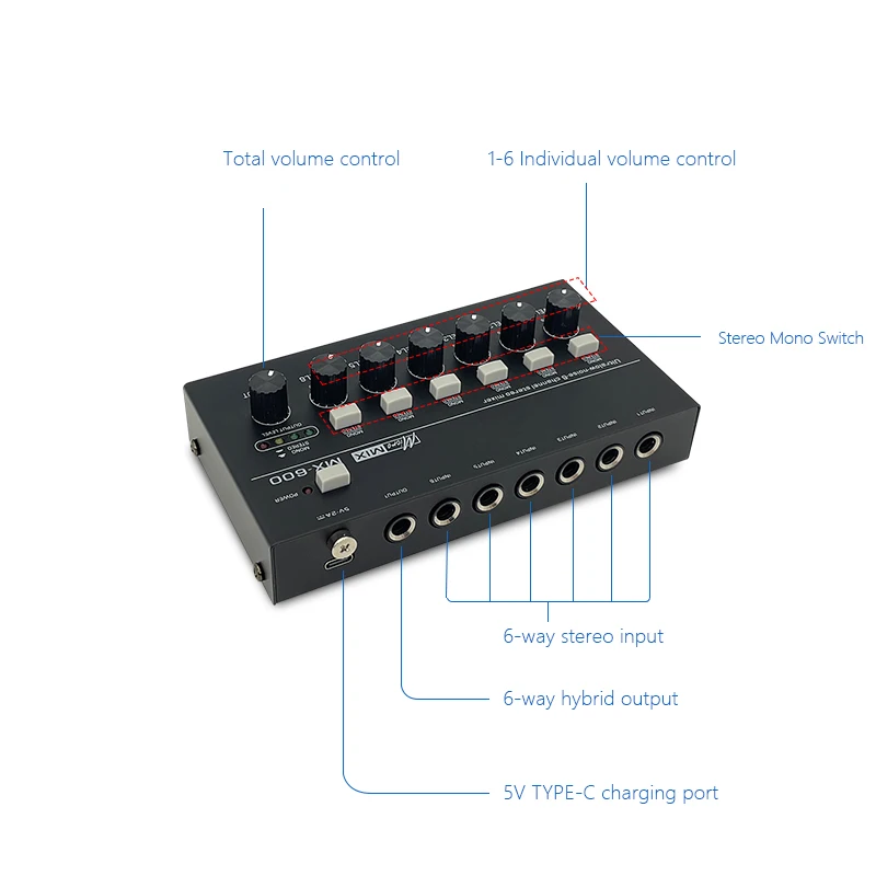 6-channel stereo mixer Mini portable professional audio mixer ultra-low noise line mixing on-site recording