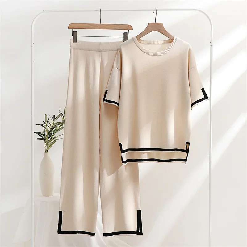 Two Piece Set Elegant Pants Sets Ice Knitted Summer Outfits for Women 2024 Short Sleeve Pajama Suit