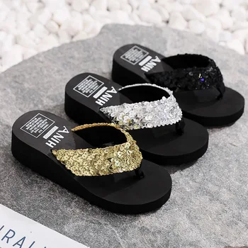 Women Summer Sandals Sequins Beach Female Flip Flops Ladies Slippers High Heels Shoes For Women 2024 Platform Wedges Slippers 1
