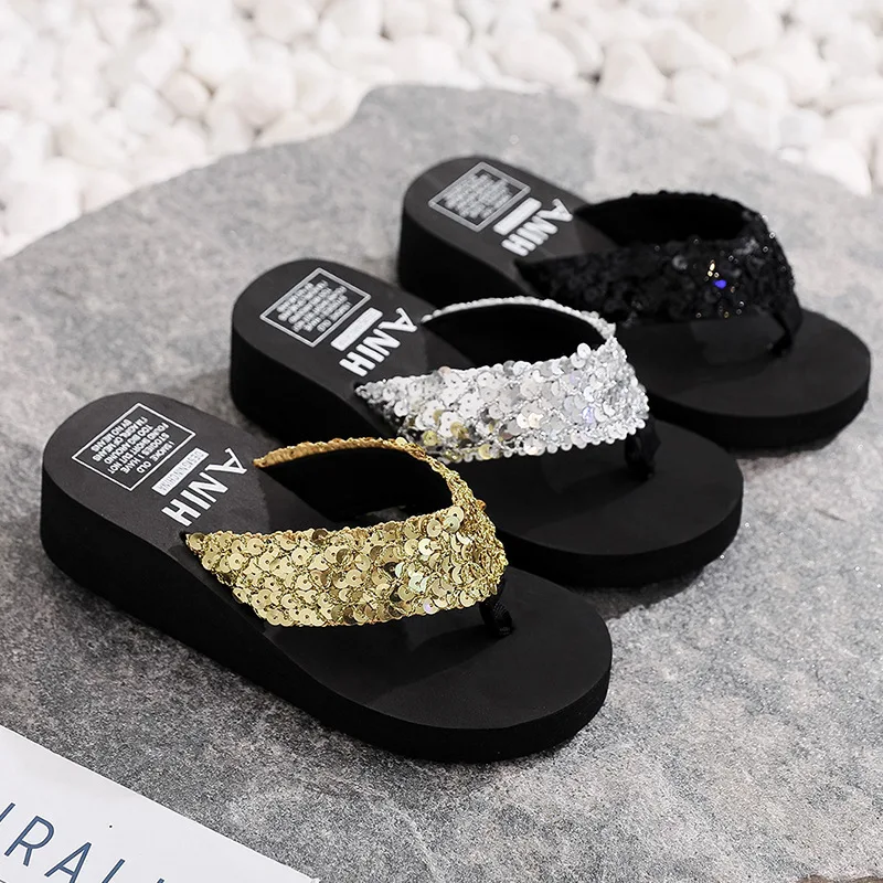 Women Summer Sandals Sequins Beach Female Flip Flops Ladies Slippers High  Heels Shoes For Women 2023 Platform Wedges Slippers - AliExpress